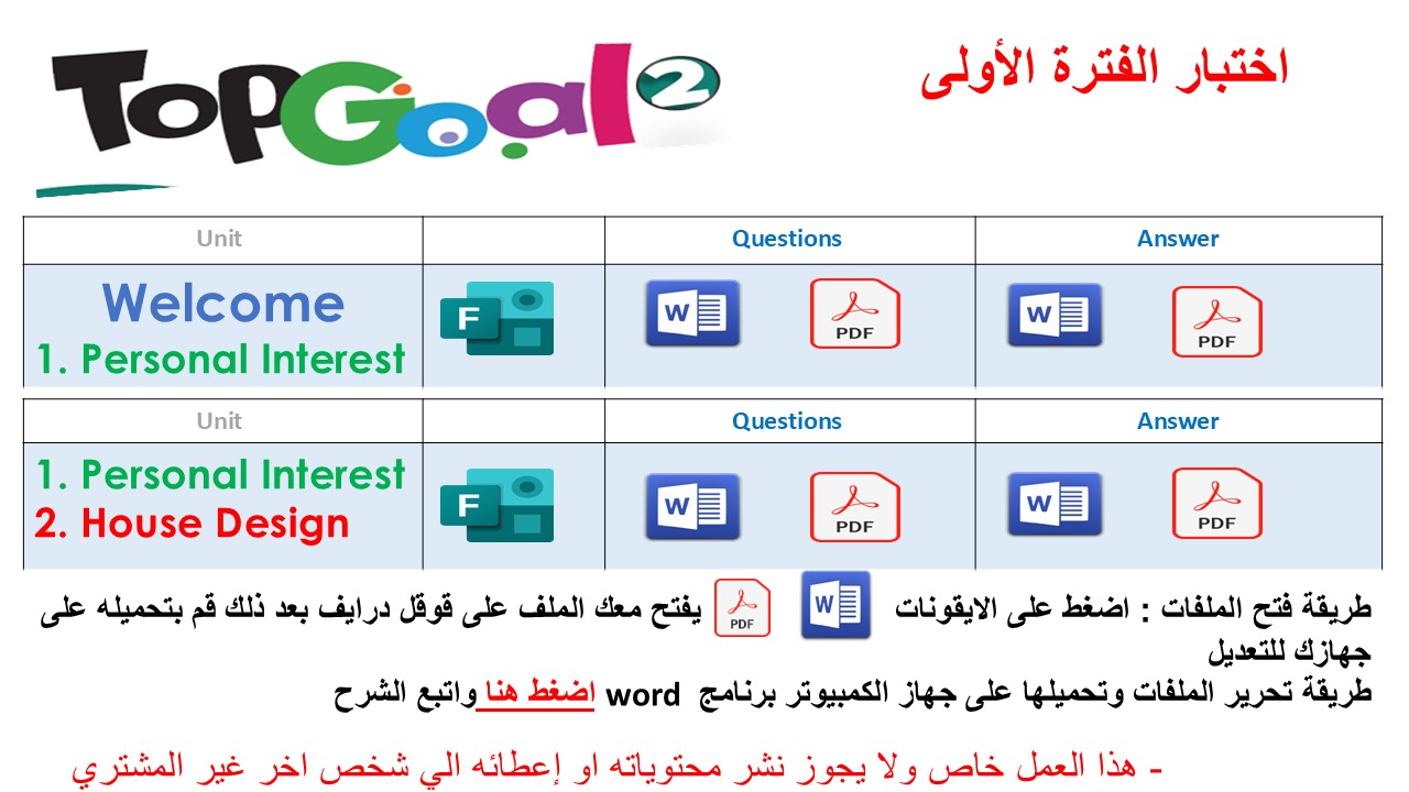 اختبار الفترة الأولى منهج Top Goal 2 الصف الخامس و السادس الابتدائي الفصل الدراسي الأول - 